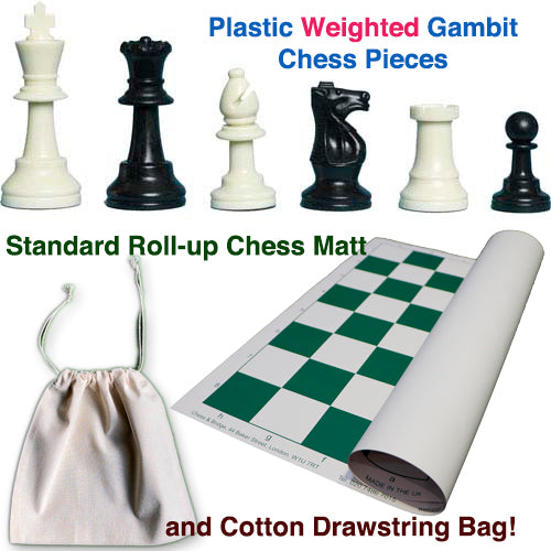 Plastic Weighted Gambit Chess Set, Roll-up Mat and Drawstring Bag