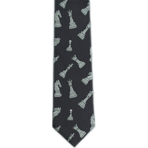 Chess Tie - Black with Grey Pieces