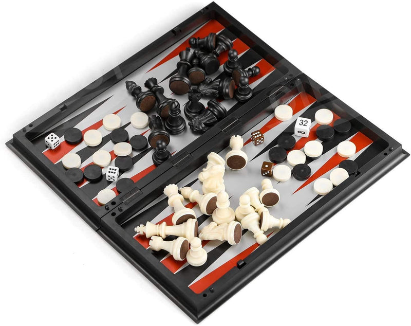 Folding Magnetic Plastic Chess, Draughts and Backgammon Set
