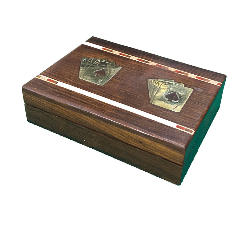 Wooden Double Card Box with Brass Playing Card Design