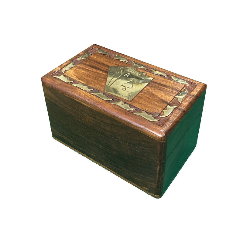 Wooden Standing Double Card Box withBrass Playing Card Design