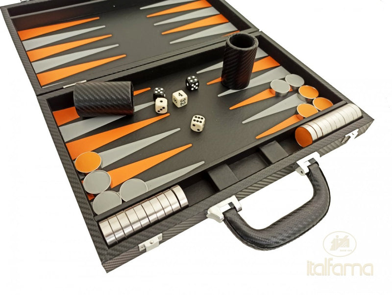 Italfama Carbon Black/Orange Leatherette Folding Backgammon Set