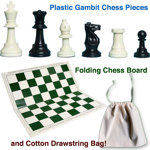 Plastic Gambit Chess Set, Folding Board and Drawstring Bag