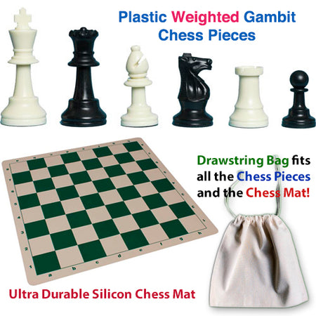 Plastic Weighted Gambit Chess Set, Deluxe Silicone Mat and Drawstring Bag