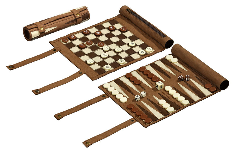 3-in-1 Roll-up Leatherette Travel Chess, Draughts & Backgammon Set